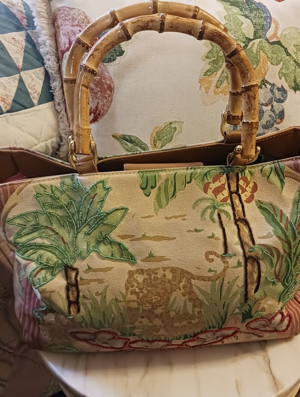 Vintage Beaded Bueno Canvas Bag, Y2K Large Bamboo Handled Tote